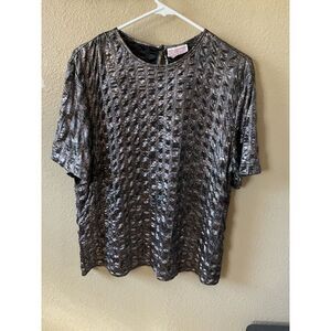 Lauren Lee Black Silver Metallic Swirl Pattern Short Sleeve Top Women's